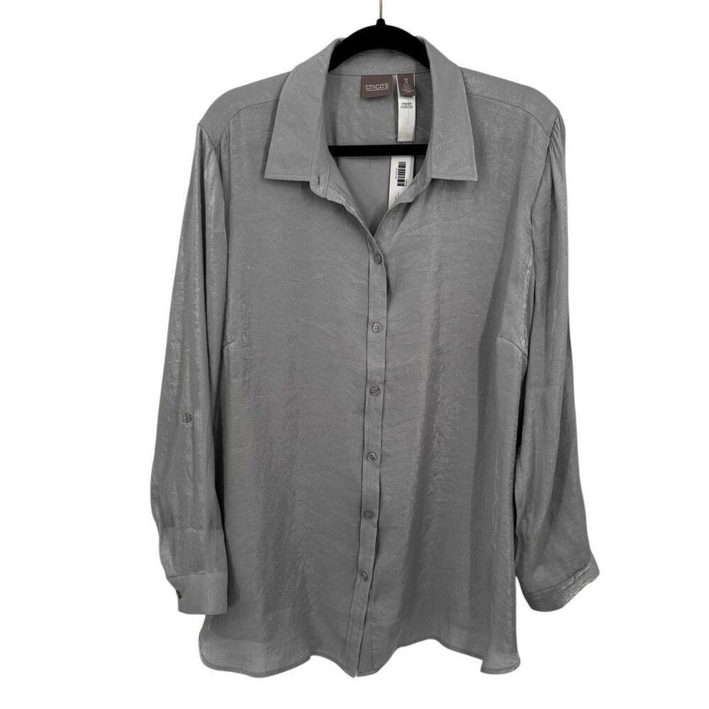 Chico’s Shimmer Button Down Long‎ Sleeve Shirt Feather Stone Silver XL 16 NWT